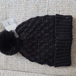 LC LAUREN CONRAD BRAND WOMENS BLACK SPARKLY "STOCKING CAP" W/ POMPOM ONE…
